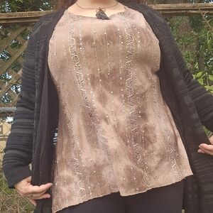 Brown Cream Embroidered Fariycore Whimsigoth Sequined Short-sleeved Top